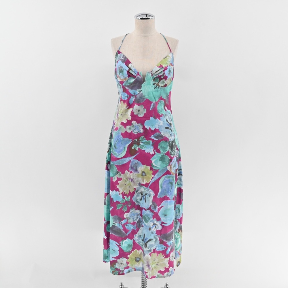 ACOA Dress Size M Blue Magenta Floral Print Strapless V Neck Midi Slip Vacation